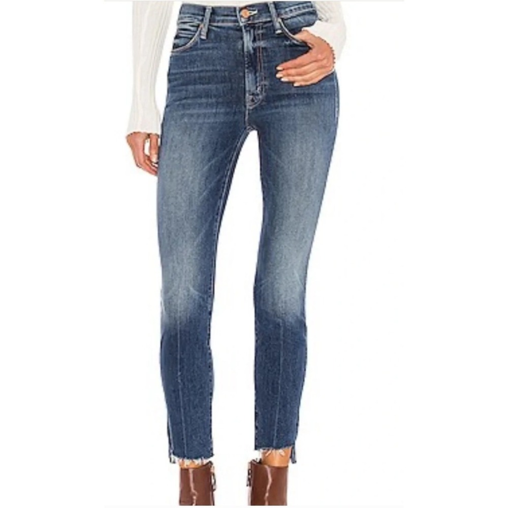 Mother Stunner Zip Ankle Step Fray Jeans Womens 28 Blue High Rise Stretch Denim